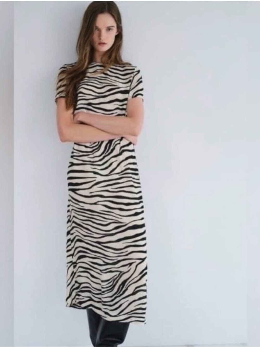 Zebra Print Short-Sleeve Maxi Dress - Black & Cream NWOT
